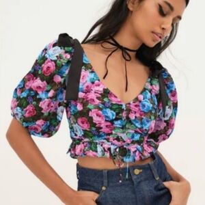 For Love And Lemons Maggie Floral Puff Sleeve Crop Top NWT Size XS